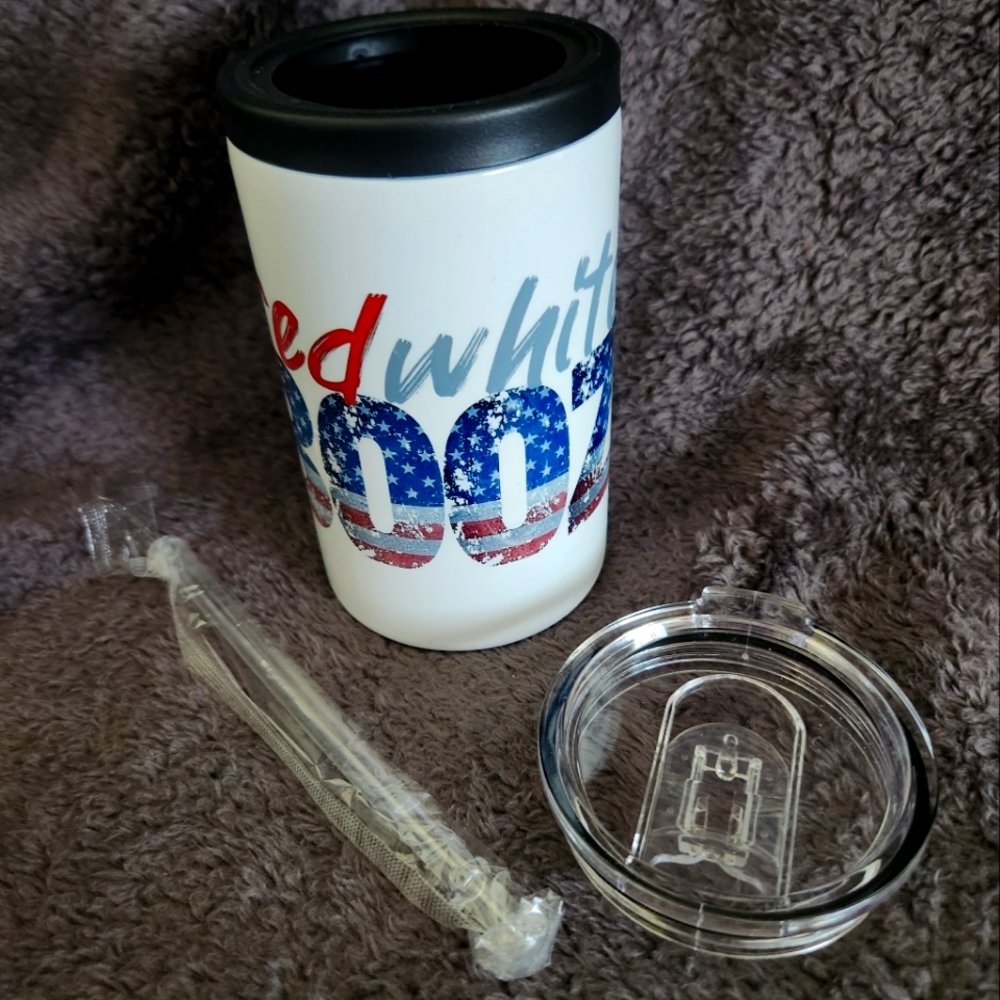 Red white & Booze stainless steel koozie | comes with straw & lid for cocktails